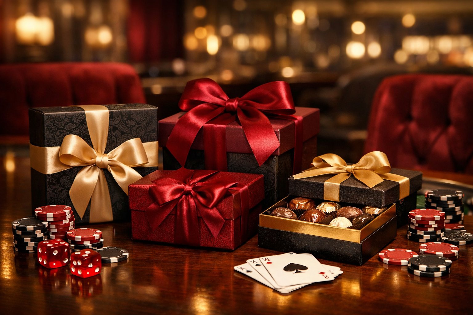 An arrangement of elegant chocolate gift boxes on a table with poker chips, playing cards, and dice, creating a luxurious casino night atmosphere.
