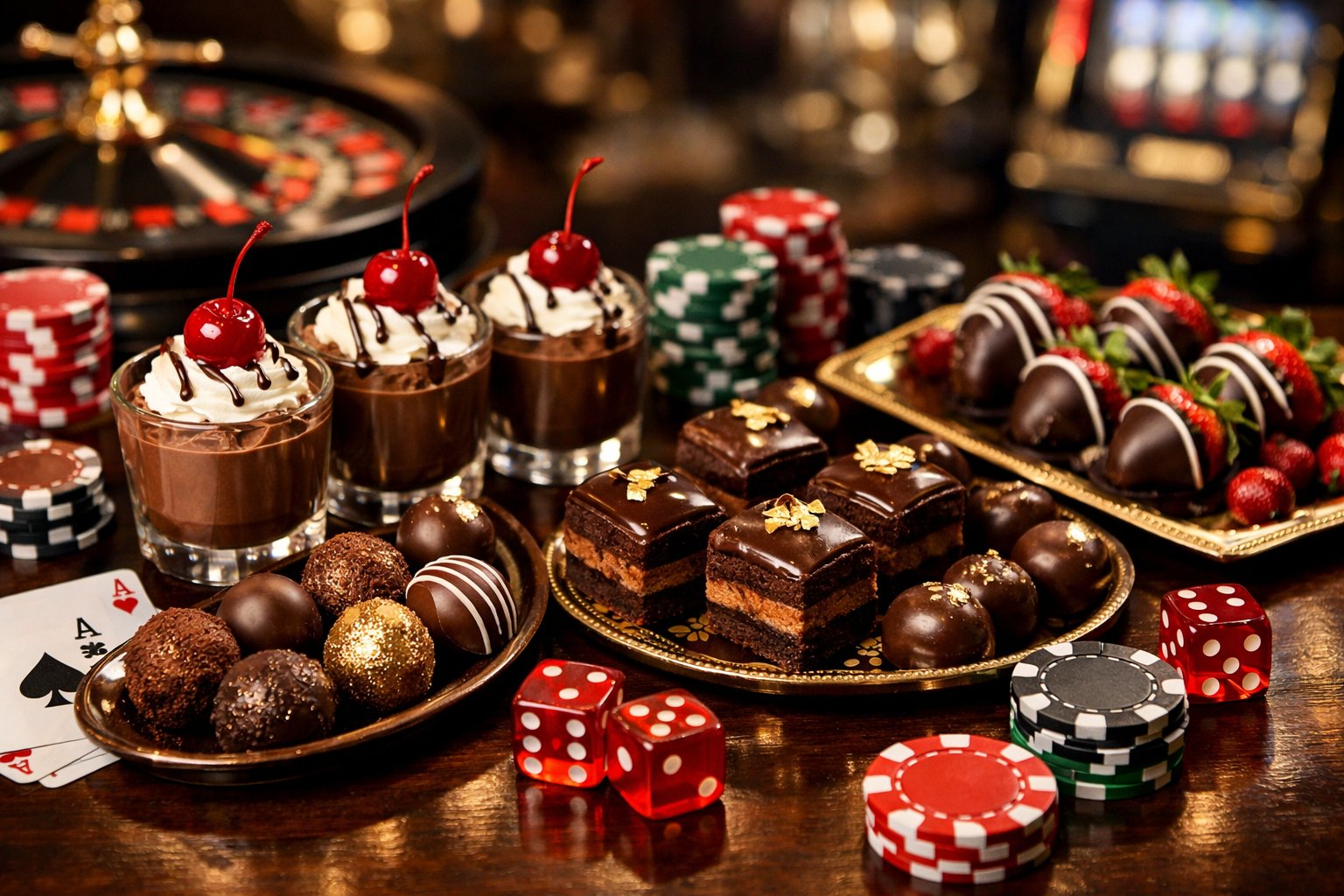 A dessert table with various chocolate treats surrounded by casino-themed items like poker chips and playing cards.
