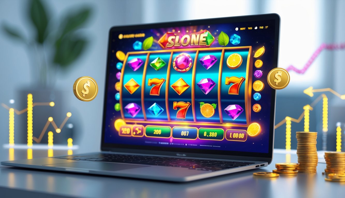 Seseorang sedang bermain permainan slot online di komputer dengan layar menampilkan mesin slot berwarna-warni dan koin yang bersinar di sekitar.