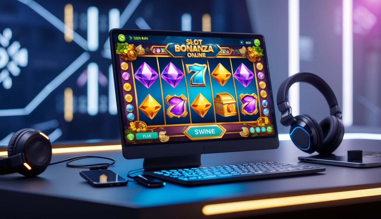 Sebuah layar komputer menampilkan permainan slot online dengan simbol permata dan koin emas, di meja terdapat headphone dan ponsel.