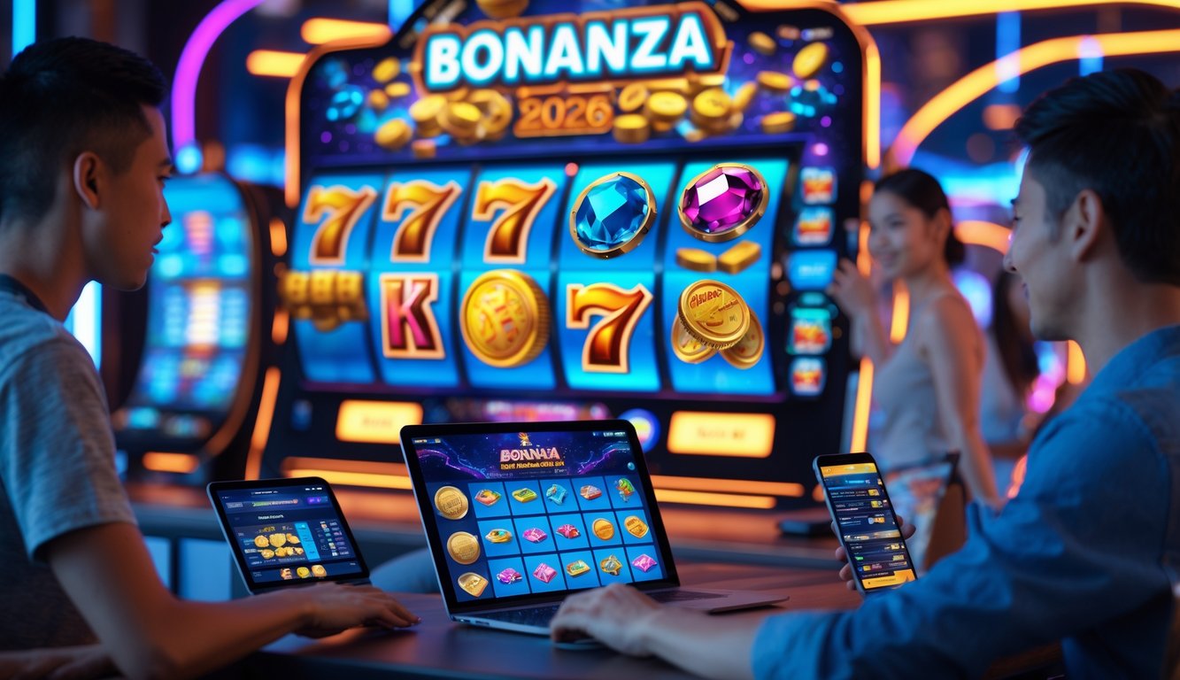 Suasana permainan slot online Bonanza dengan mesin slot berwarna-warni dan pemain yang sedang bermain menggunakan berbagai perangkat.