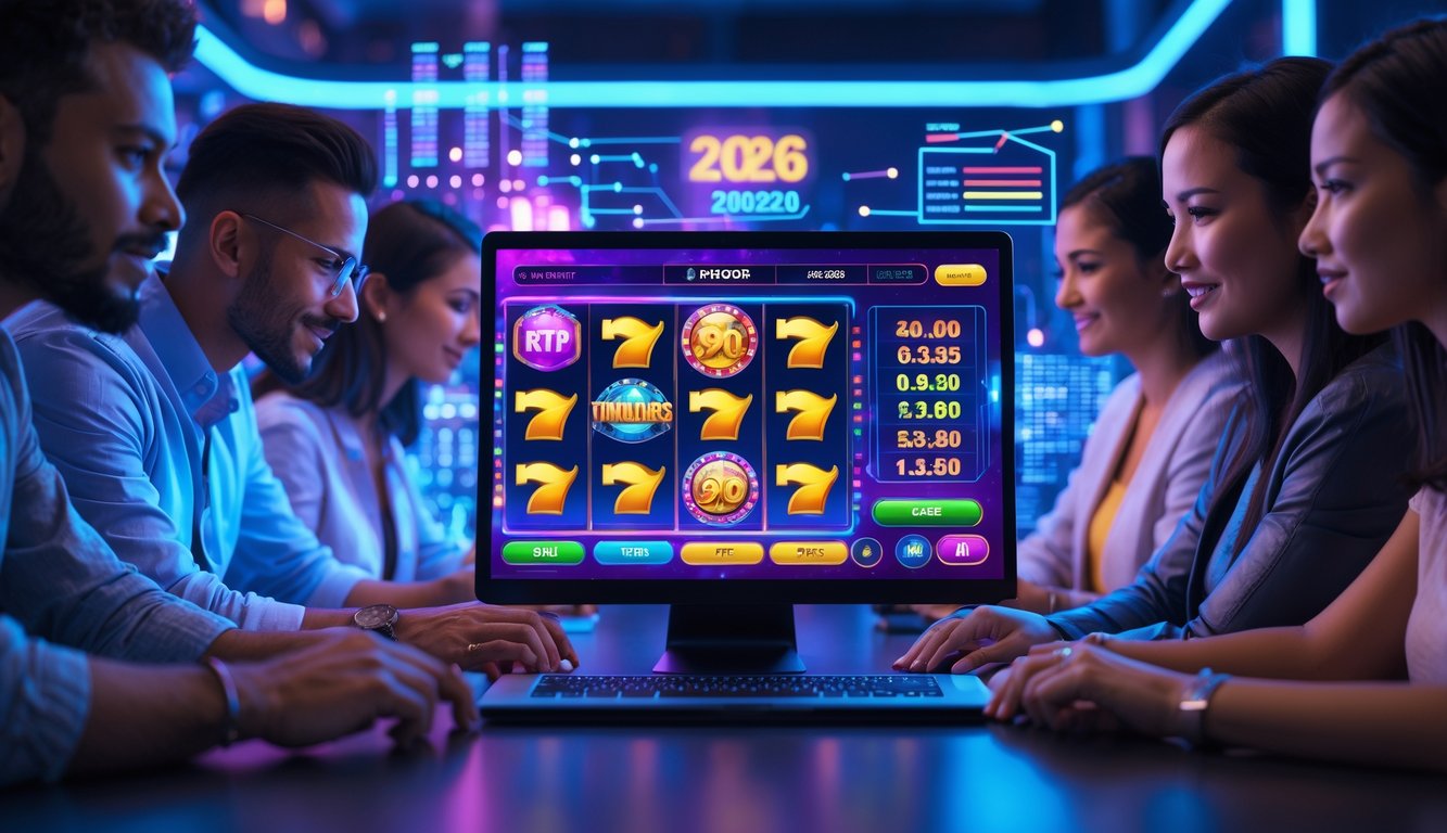Beberapa orang bermain game slot online di depan komputer dengan layar penuh warna dan latar belakang futuristik.