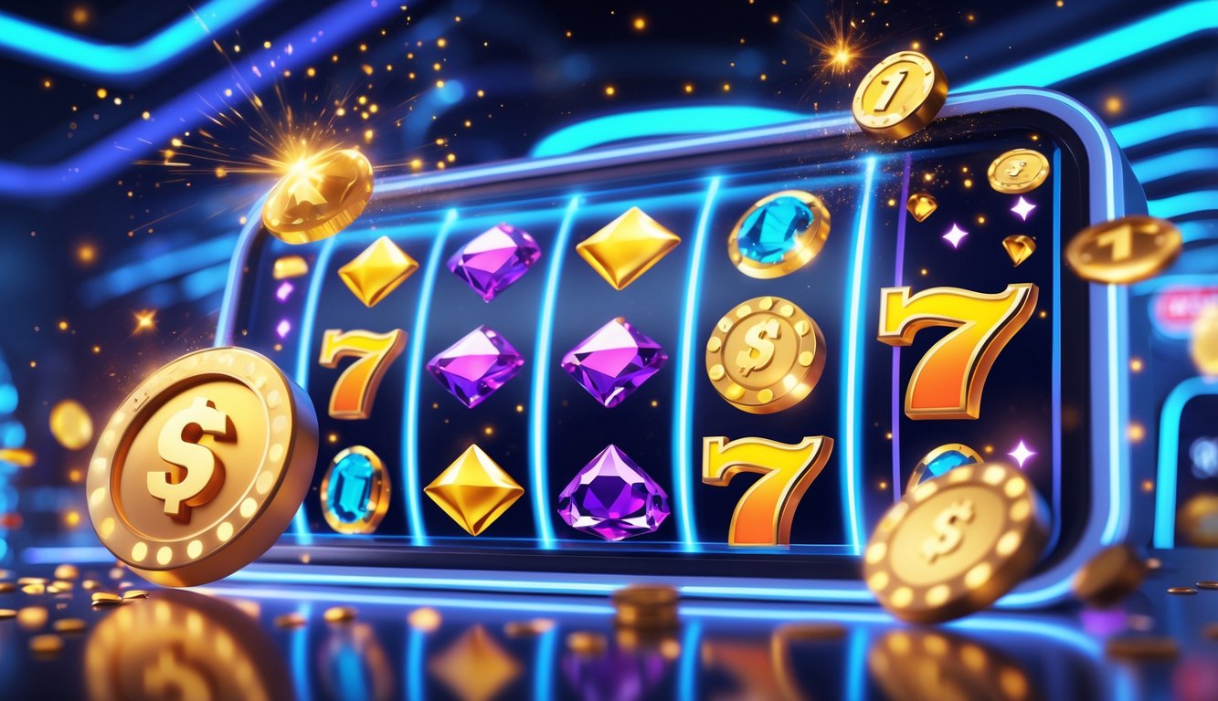 Tampilan antarmuka permainan slot online yang menampilkan gulungan berwarna-warni dengan simbol koin emas dan permata, serta ikon bonus dan putaran gratis yang bersinar.