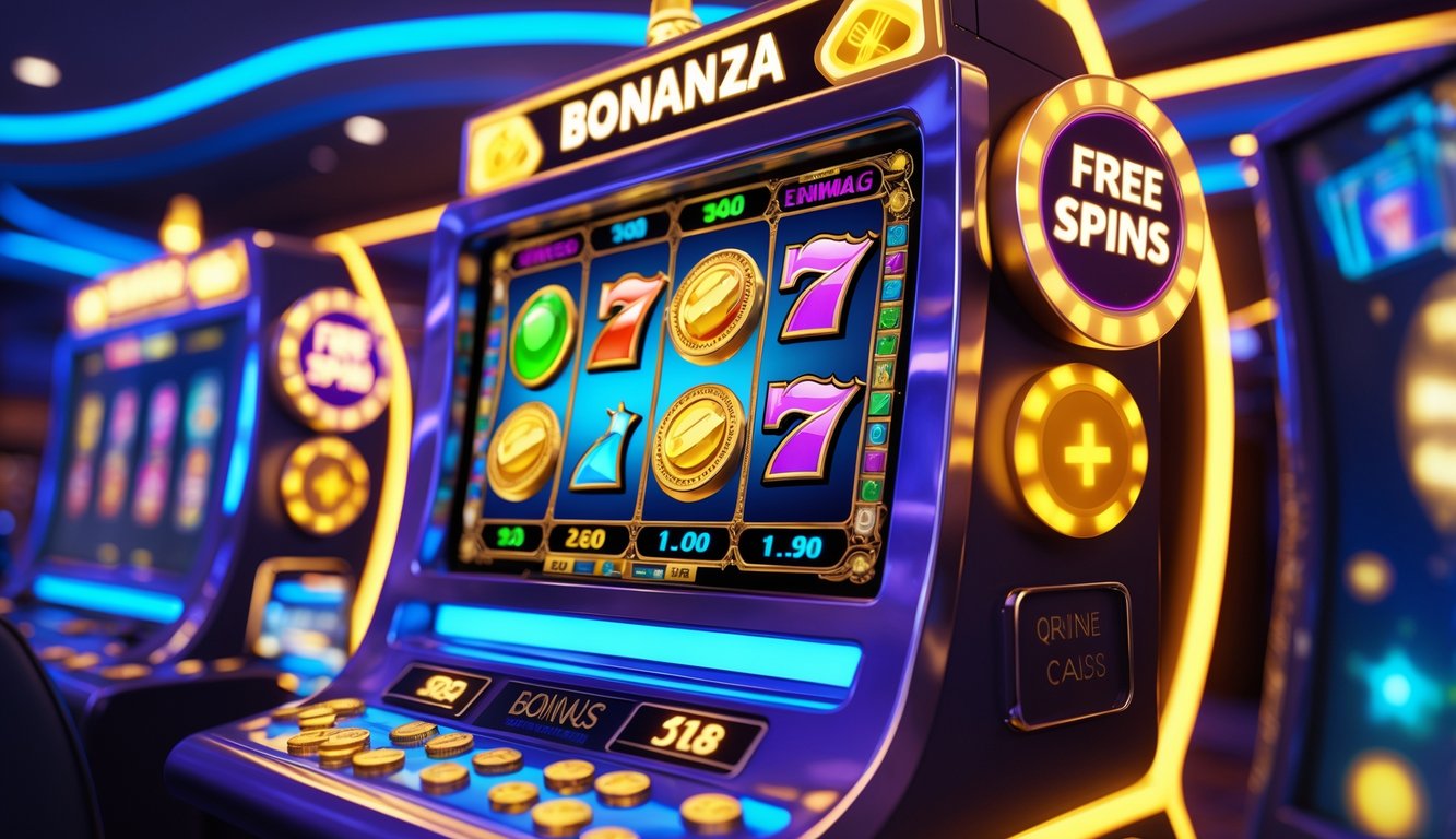 Tampilan mesin slot digital berwarna-warni dengan simbol koin emas dan permata, dikelilingi indikator bonus dan notifikasi putaran gratis, menggambarkan suasana permainan slot online yang seru.