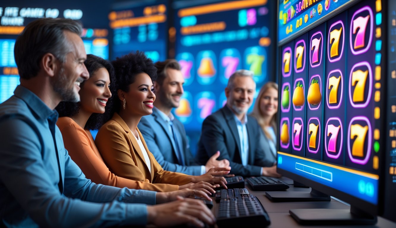 Orang-orang sedang bermain game slot online di depan komputer dengan suasana yang aman dan menyenangkan.