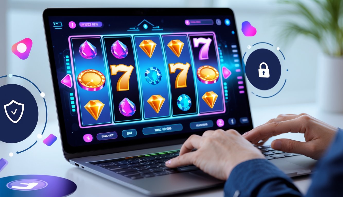 Seseorang menggunakan komputer dengan tampilan permainan slot online yang berwarna-warni dan simbol keamanan di latar belakang.