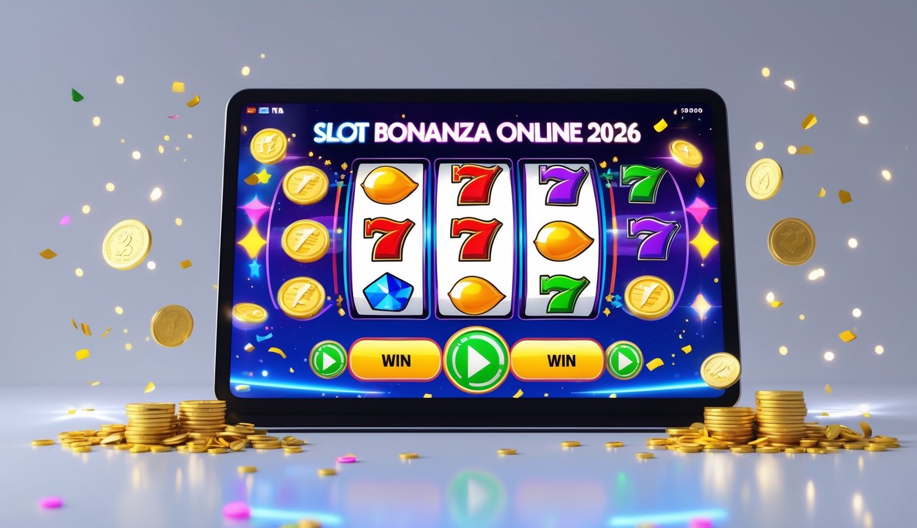 Layar komputer menampilkan permainan slot online dengan simbol warna-warni dan koin emas yang berjatuhan, menciptakan suasana kemenangan yang meriah.