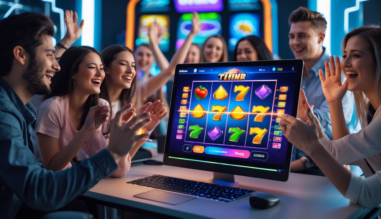 Sekelompok orang muda gembira bermain slot online di depan komputer dengan layar menampilkan permainan slot berwarna-warni dan jackpot yang menyala.