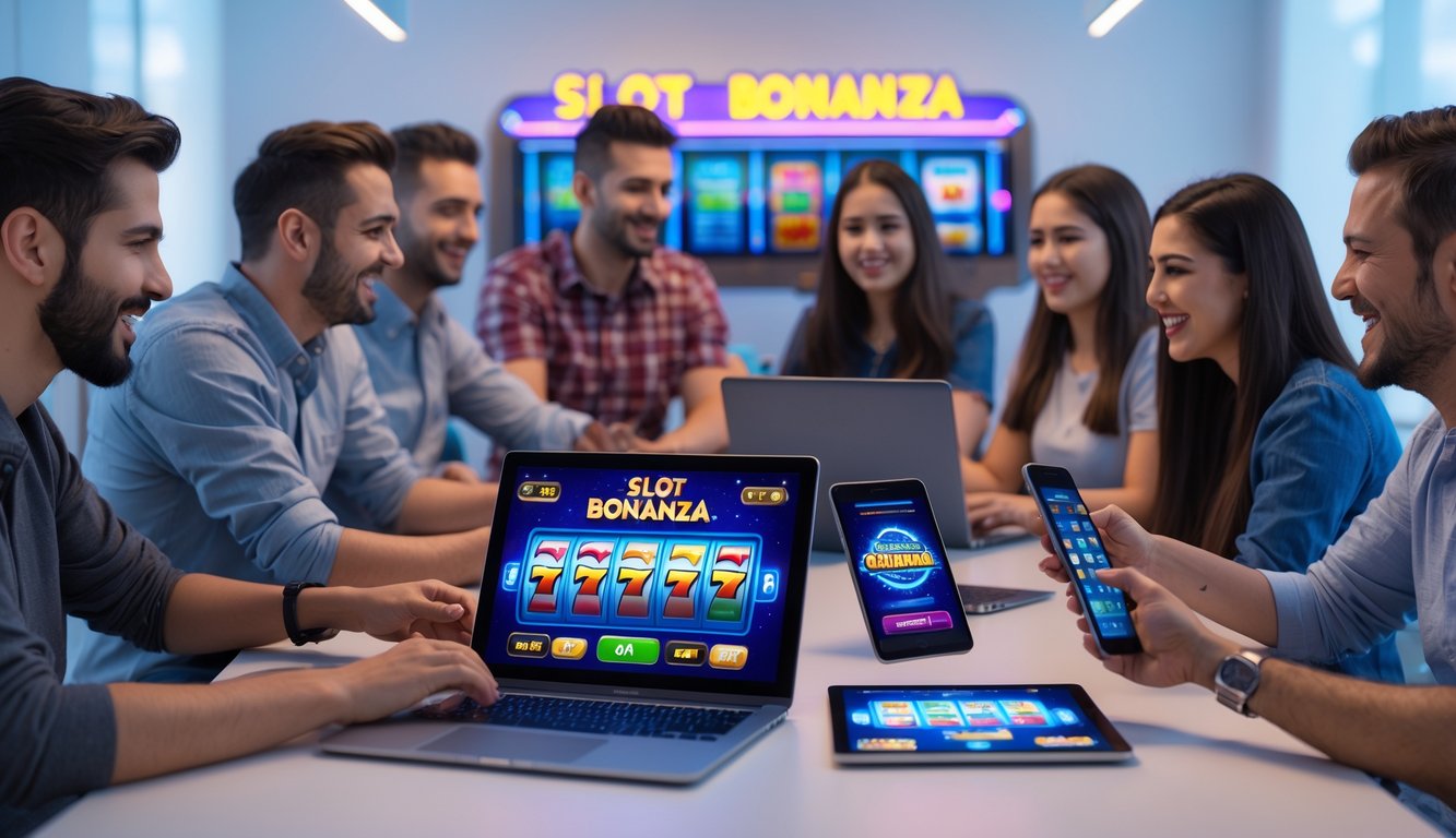 Beberapa orang dari berbagai tingkat keahlian bermain permainan slot online di perangkat digital di dalam ruangan yang nyaman dan terang.