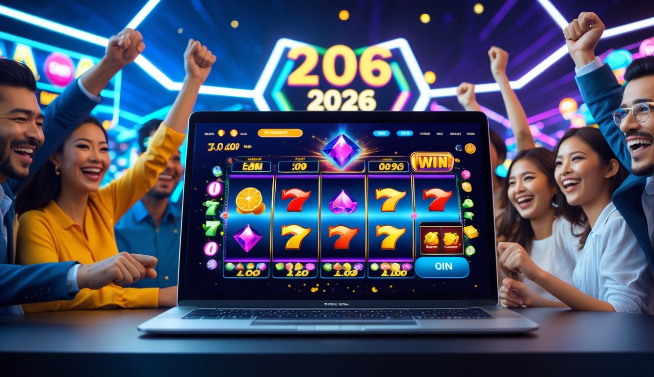 Orang-orang yang senang bermain permainan slot online di depan laptop dan ponsel dengan latar belakang lampu neon dan grafik futuristik.