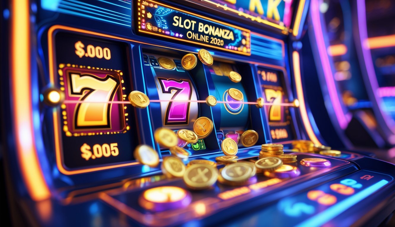 Antarmuka permainan slot online dengan koin emas dan permata berwarna-warni yang berjatuhan, latar belakang lampu neon futuristik, dan gulungan mesin slot yang berputar.