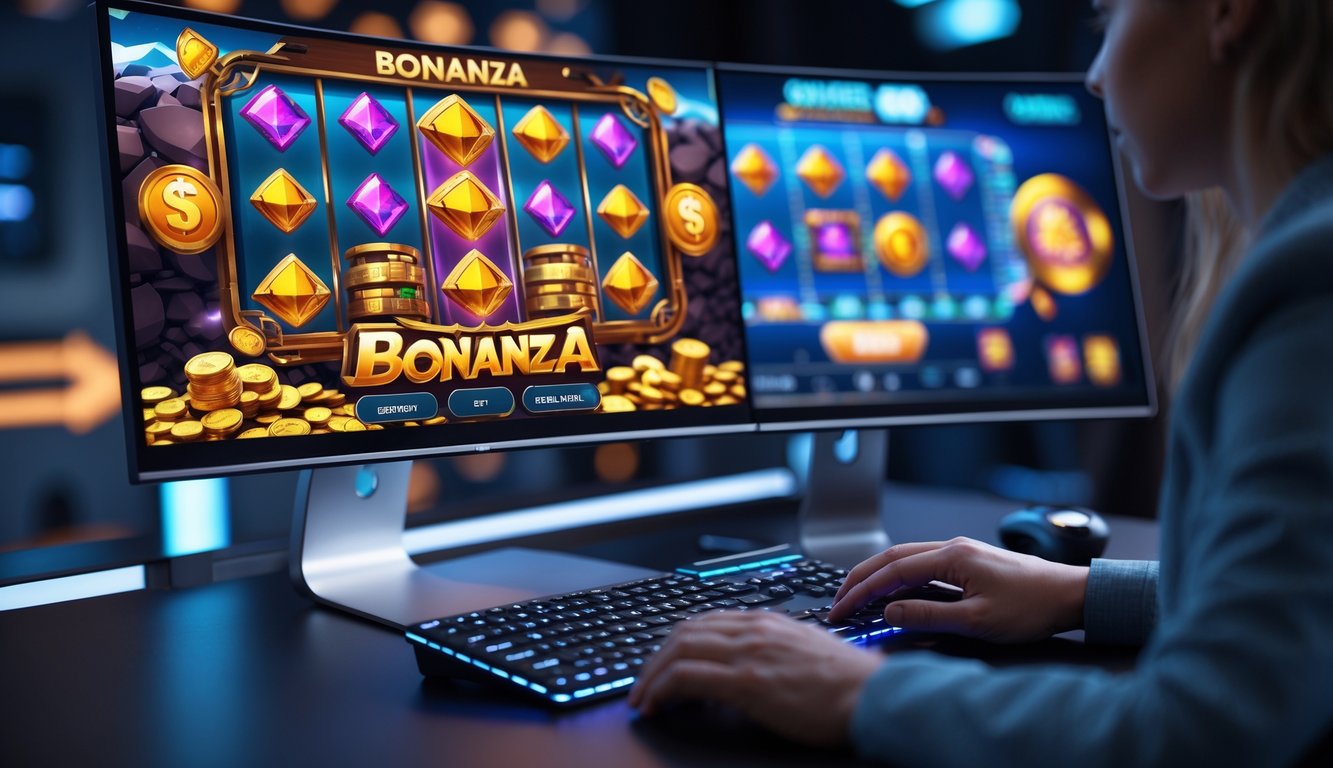 Seorang pemain sedang bermain slot online di komputer dengan layar menampilkan grafik permainan slot yang berwarna-warni dan elemen bertema tambang emas.