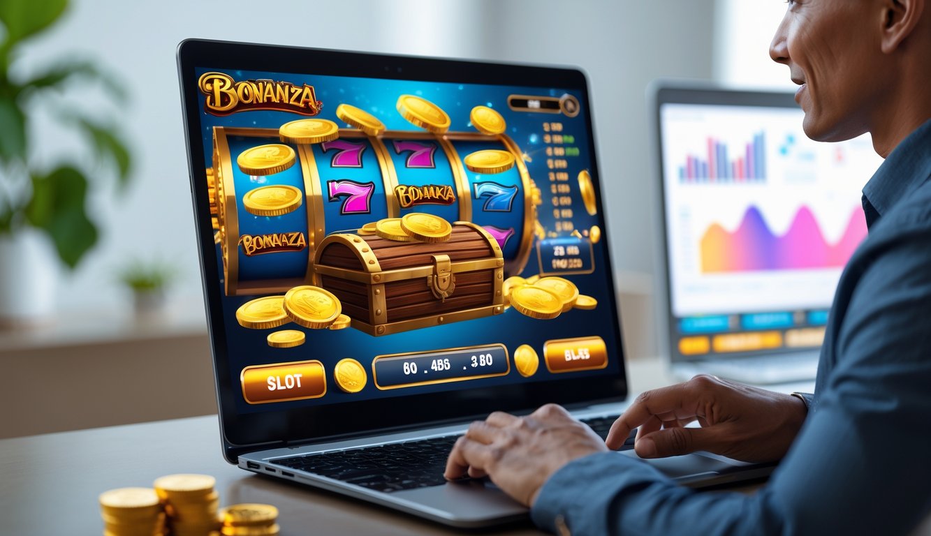 Seorang dewasa menggunakan komputer dengan layar menampilkan permainan slot online bertema Bonanza dengan koin emas dan peti harta karun di latar belakang.