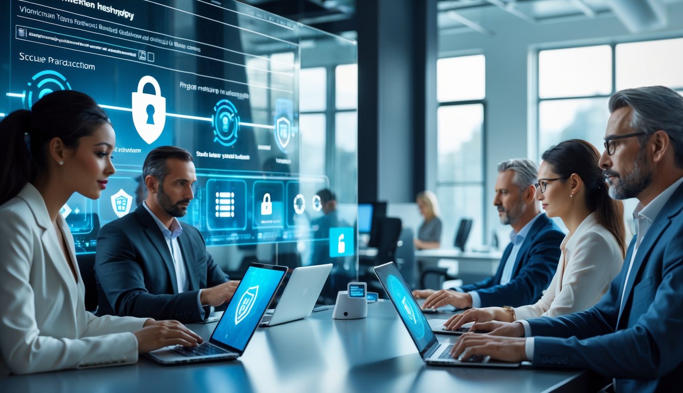 Orang-orang menggunakan perangkat digital dalam ruang kantor modern dengan simbol keamanan dan transaksi di layar.