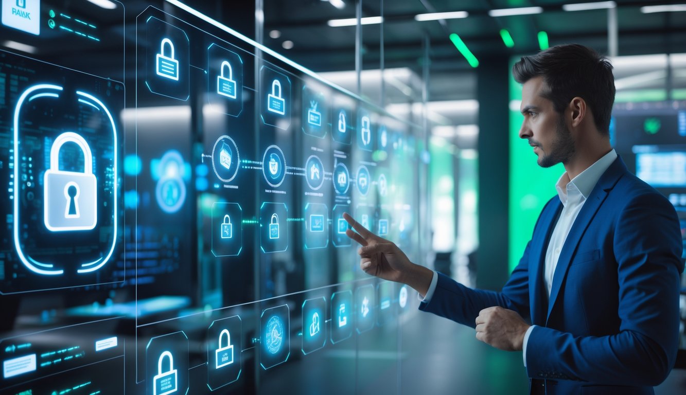 Seorang profesional berinteraksi dengan antarmuka digital yang menampilkan simbol keamanan dan transaksi di kantor modern futuristik.