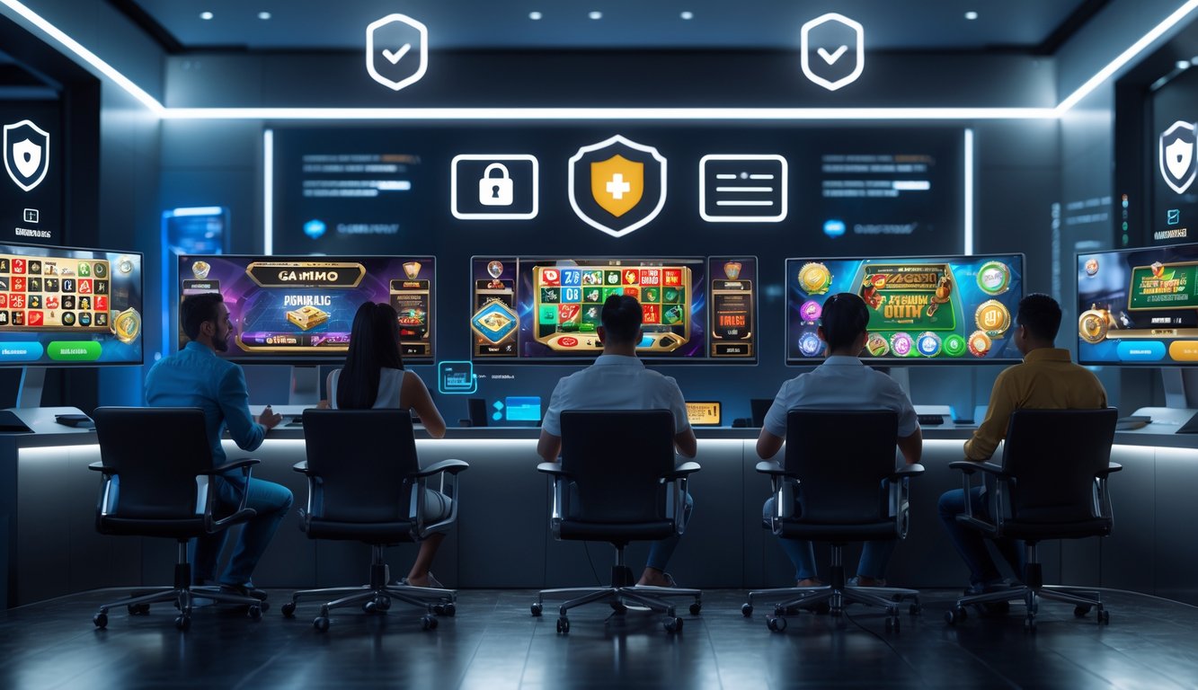 Orang-orang menggunakan perangkat komputer dan ponsel untuk bermain permainan judi online di ruangan yang terang dan modern.