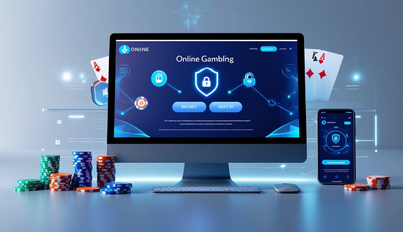 Meja kerja modern dengan komputer menampilkan situs judi online yang aman, dikelilingi chip poker dan kartu remi.