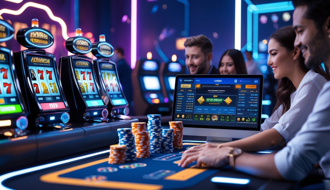 Beberapa orang bermain game judi online dengan layar menampilkan mesin slot, meja kasino, dan taruhan olahraga di latar belakang futuristik.