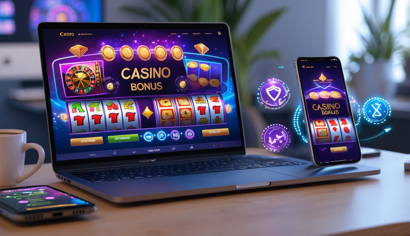 Seorang pria menggunakan laptop dan ponsel dengan tampilan permainan kasino online di meja kerja yang rapi.