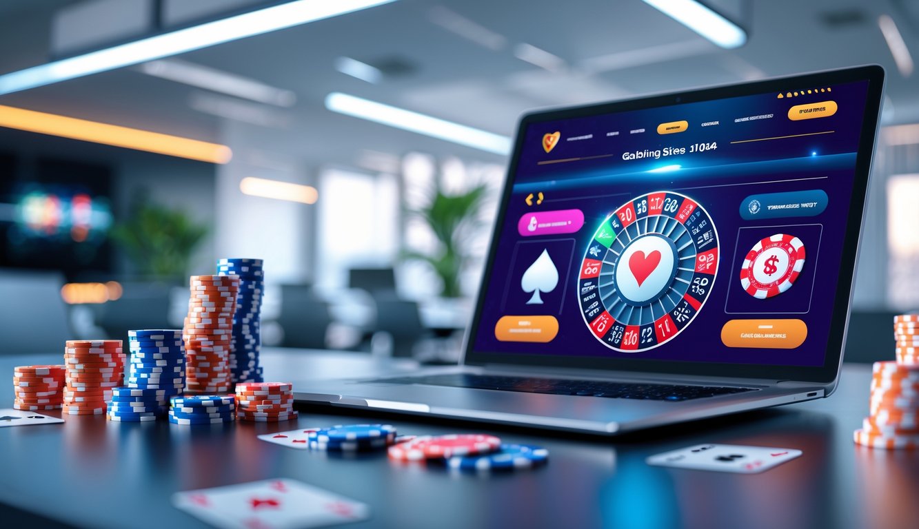 Seorang profesional menggunakan laptop dengan tampilan permainan judi online dan simbol chip poker, kartu, dan roda roulette di layar dalam lingkungan kantor modern.