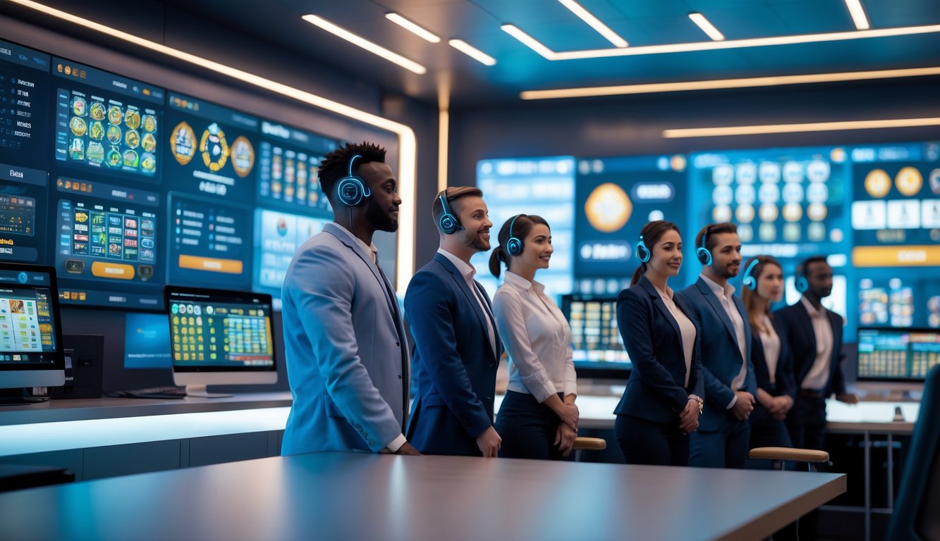 Sekelompok profesional bekerja di kantor modern dengan layar komputer menampilkan permainan judi online dan layanan pelanggan 24 jam.
