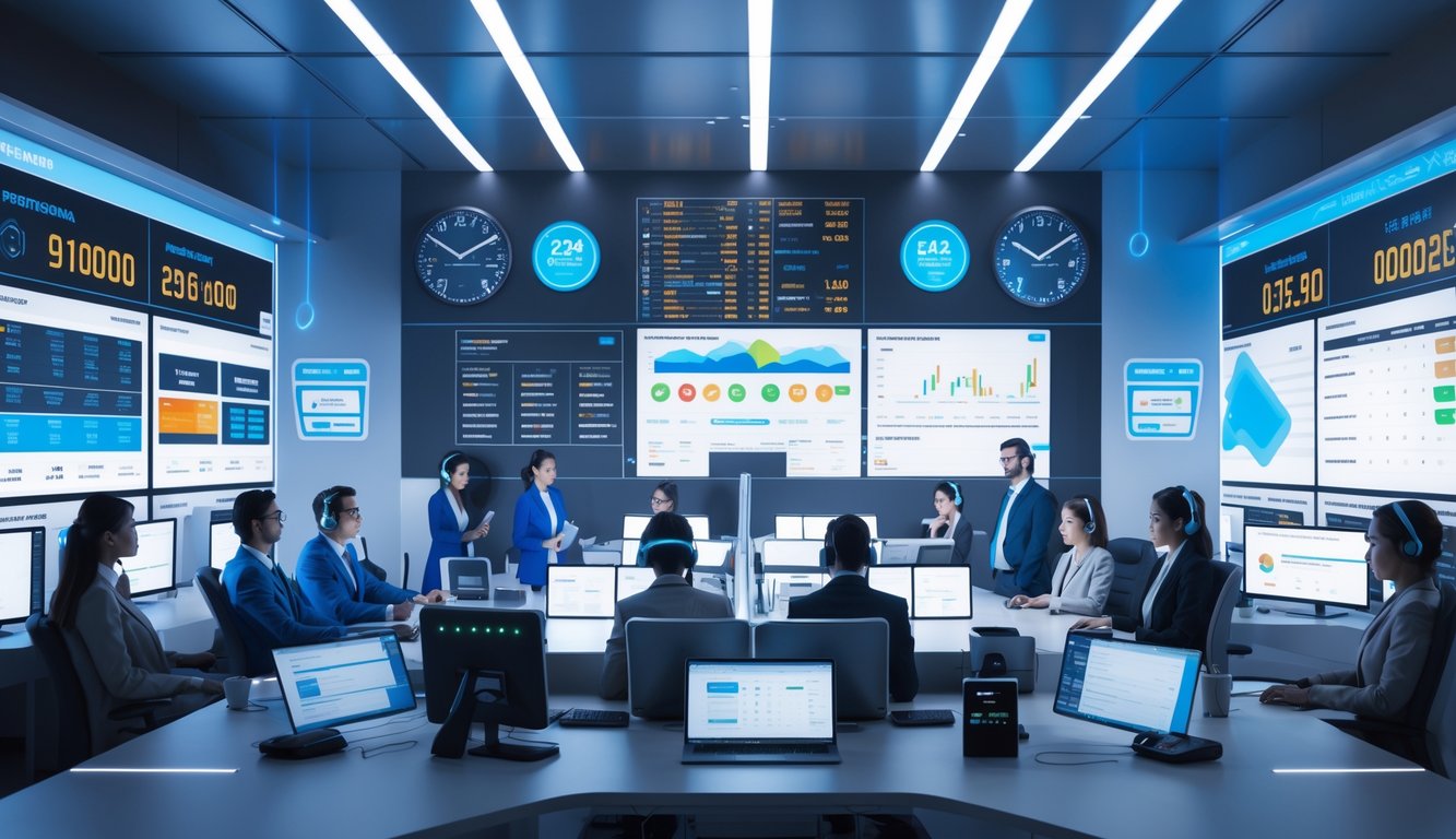 Sejumlah profesional bekerja di kantor modern dengan layar komputer menampilkan data judi online dan layanan pelanggan 24 jam.