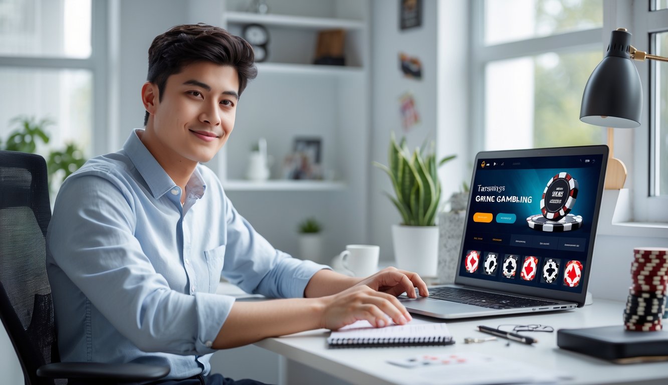 Seorang dewasa muda duduk di meja dengan laptop terbuka, menggunakan situs judi online terpercaya di ruang kerja yang terang dan rapi.