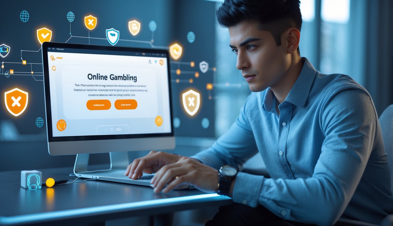 Seorang pemuda sedang menggunakan laptop di meja kerja modern dengan latar belakang grafis digital yang menggambarkan keamanan dan teknologi.