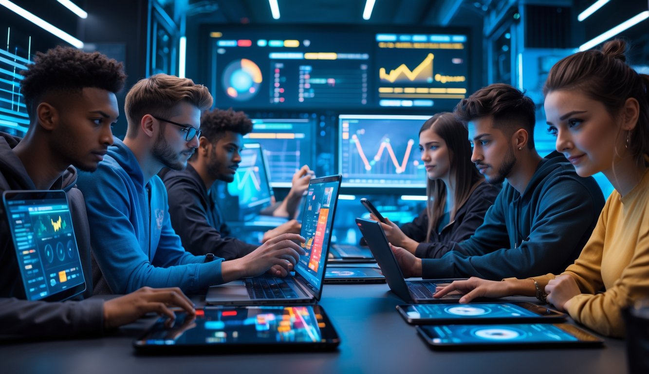 Sekelompok orang muda sedang menggunakan perangkat digital dalam suasana gaming online dengan latar belakang teknologi server yang modern.