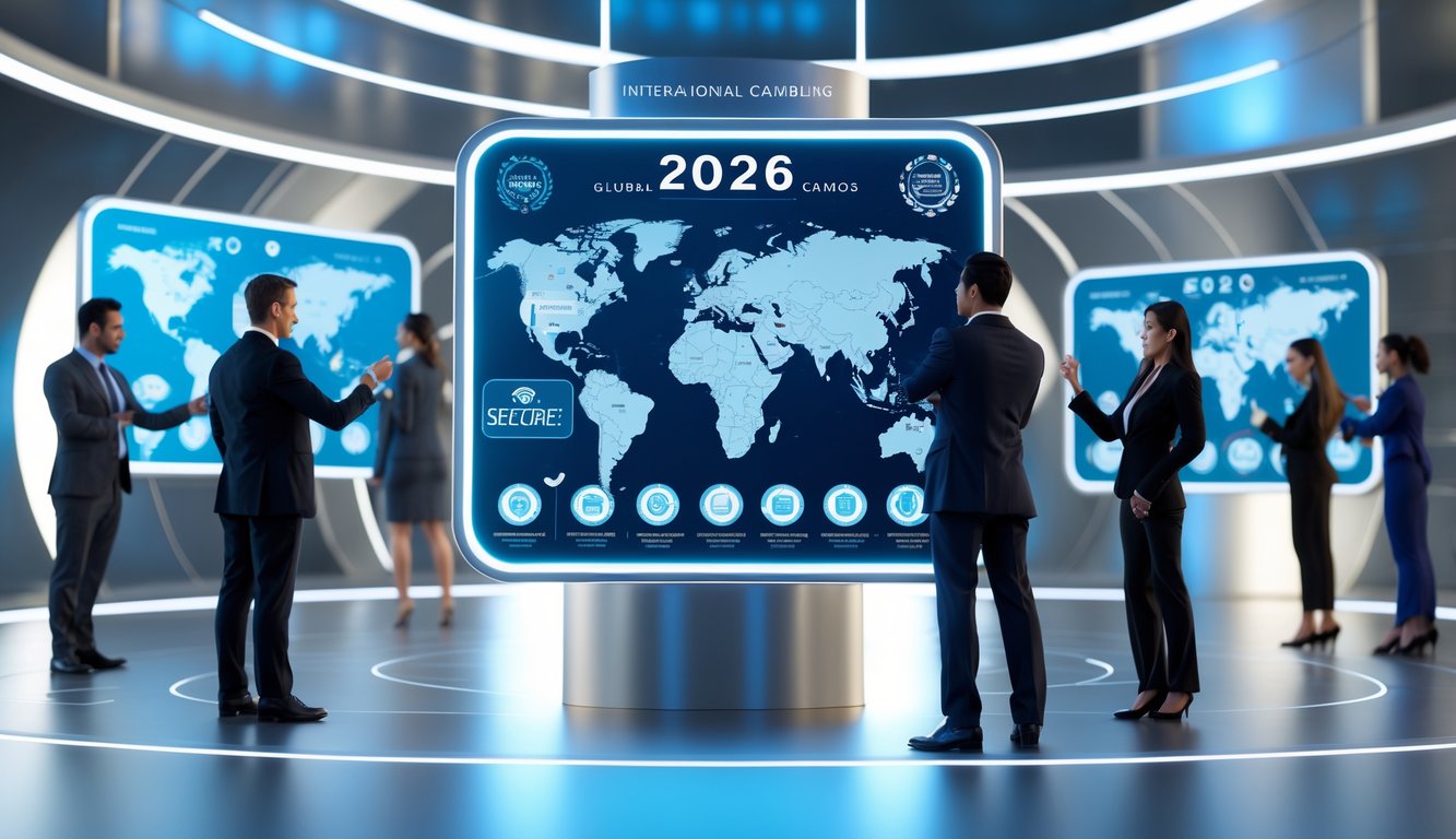 Beberapa profesional beragam berinteraksi dengan layar digital transparan yang menampilkan peta dunia dan simbol lisensi resmi dalam suasana modern dan futuristik.