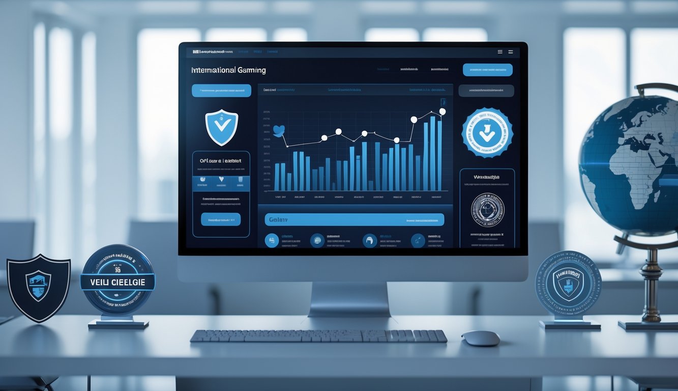 Sebuah ruang kerja modern dengan komputer yang menampilkan antarmuka situs judi online internasional dan simbol keamanan di sekitarnya.