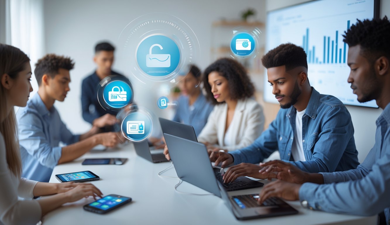 Beberapa orang muda menggunakan ponsel dan laptop untuk melakukan deposit online di lingkungan rumah atau kantor yang modern.