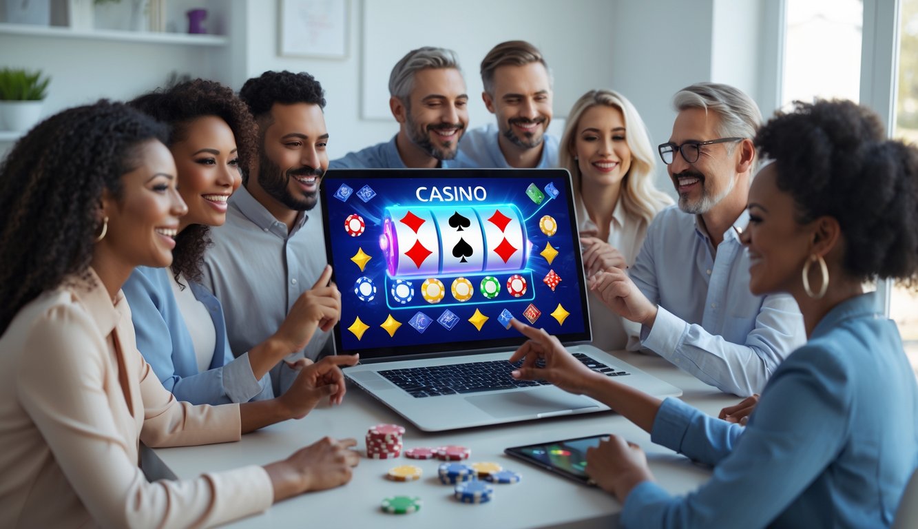 Beberapa orang sedang menggunakan komputer dengan tampilan permainan judi online yang menarik di ruangan yang terang dan modern.