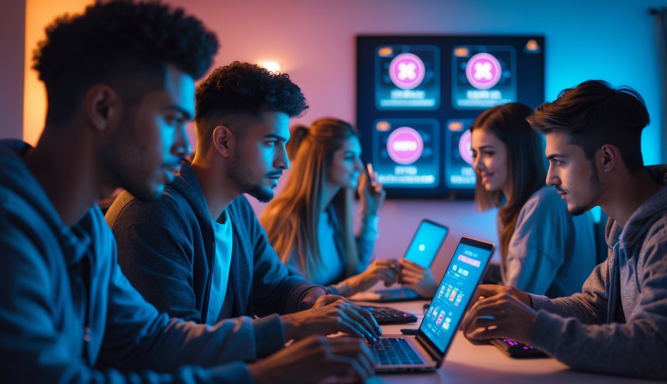 Beberapa orang muda sedang menggunakan laptop dan ponsel untuk bermain permainan judi online di lingkungan rumah yang modern.