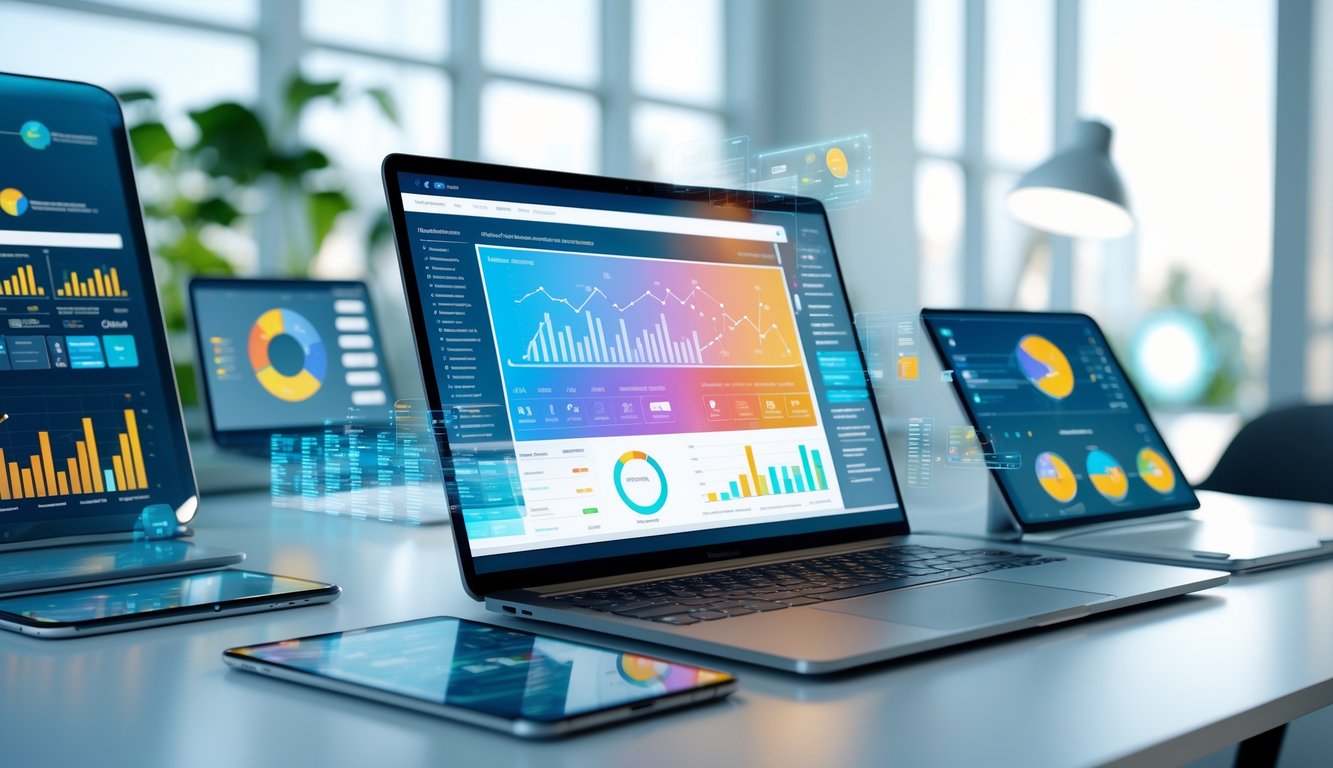 Seorang profesional bekerja di depan laptop dengan grafik dan data digital yang akurat dan terbaru di ruang kantor modern.