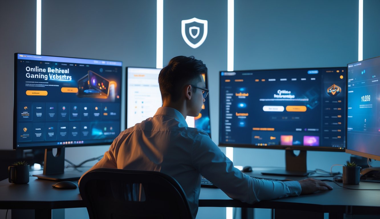 Seorang profesional duduk di depan komputer dengan beberapa layar yang menampilkan situs permainan online, di lingkungan kerja yang rapi dan modern.