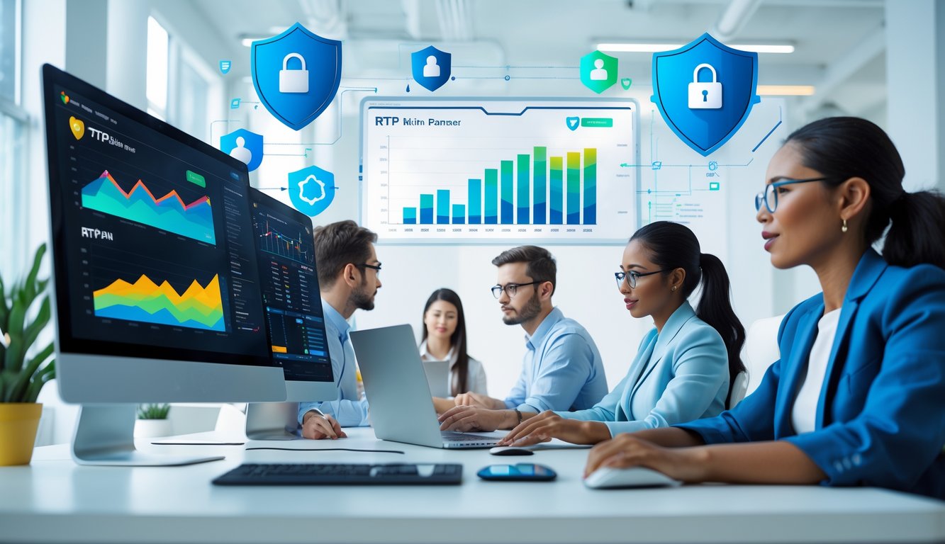 Beberapa profesional sedang bekerja di ruang kantor modern dengan komputer yang menampilkan grafik dan simbol keamanan, fokus pada analisis data permainan online.