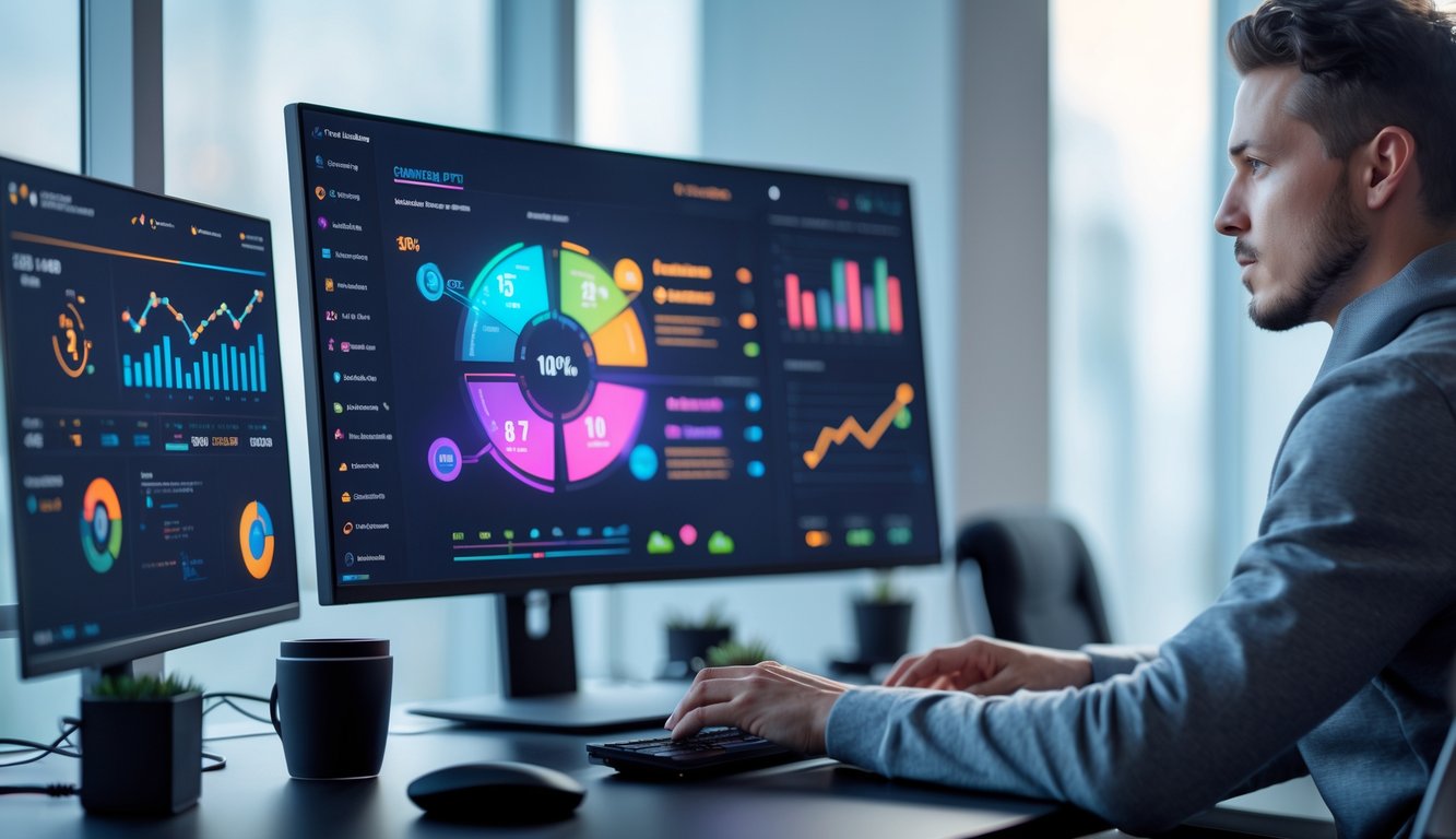 Seorang individu sedang menganalisis data kemenangan pada layar komputer di ruang kerja modern dengan grafik dan statistik permainan online.