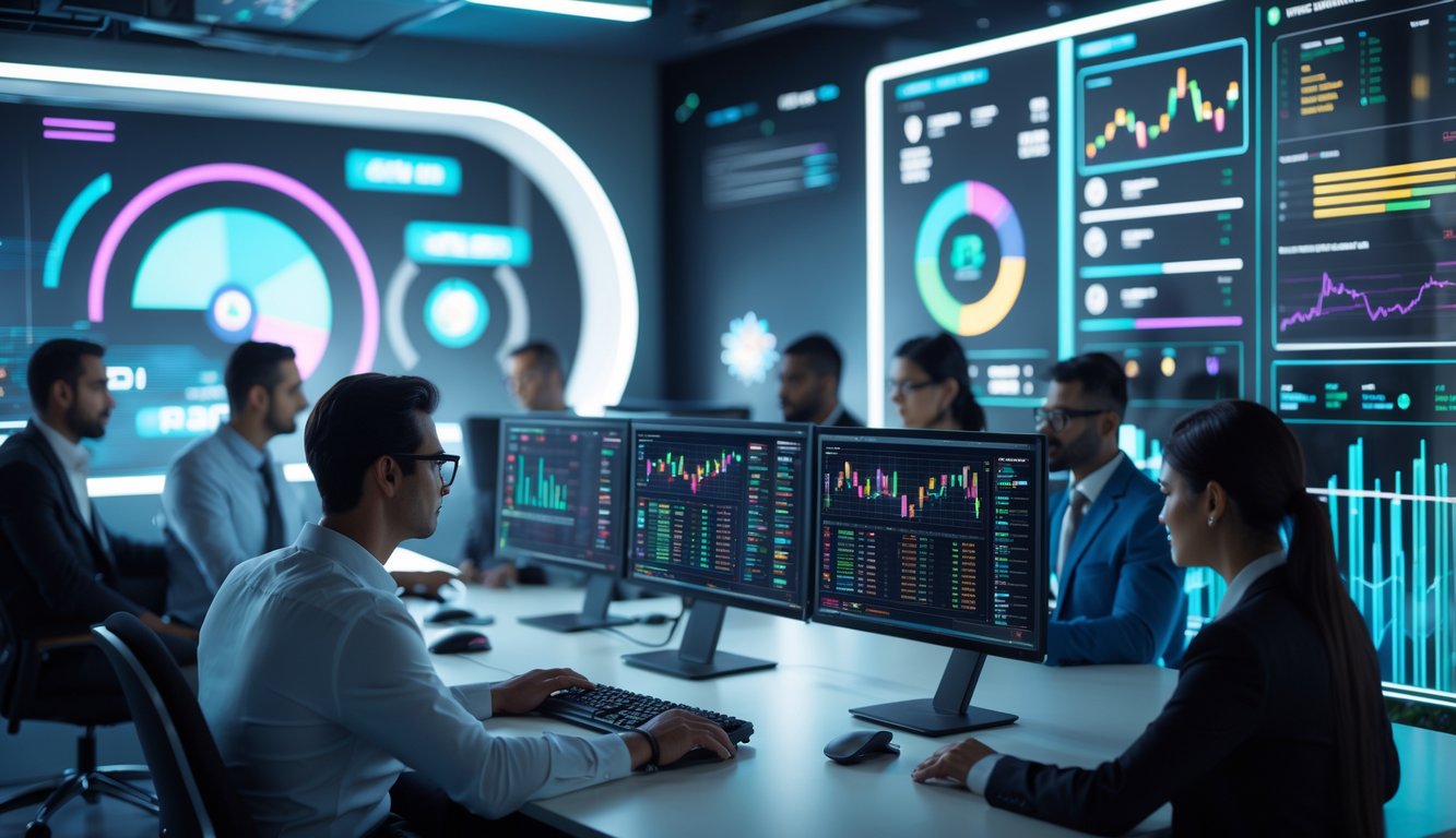 Orang-orang profesional sedang menganalisis grafik dan data di layar komputer dalam lingkungan kerja modern yang berfokus pada statistik kemenangan permainan online.