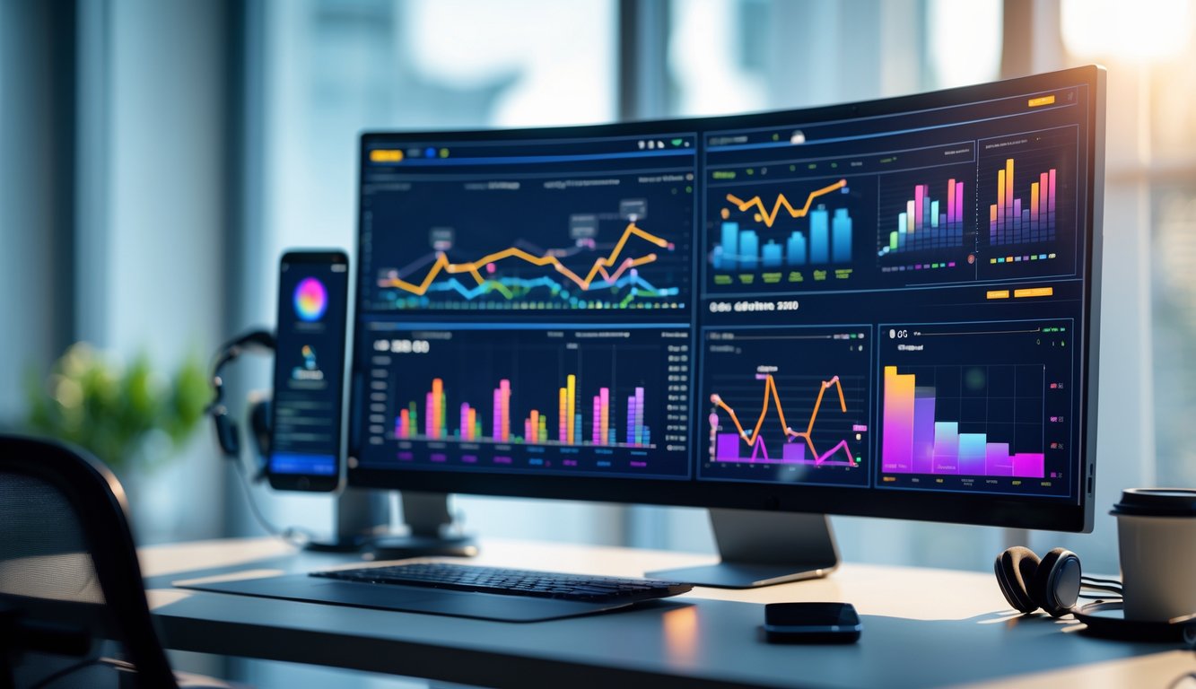 Sebuah ruang kerja modern dengan komputer menampilkan grafik data waktu nyata tentang RTP situs game online.