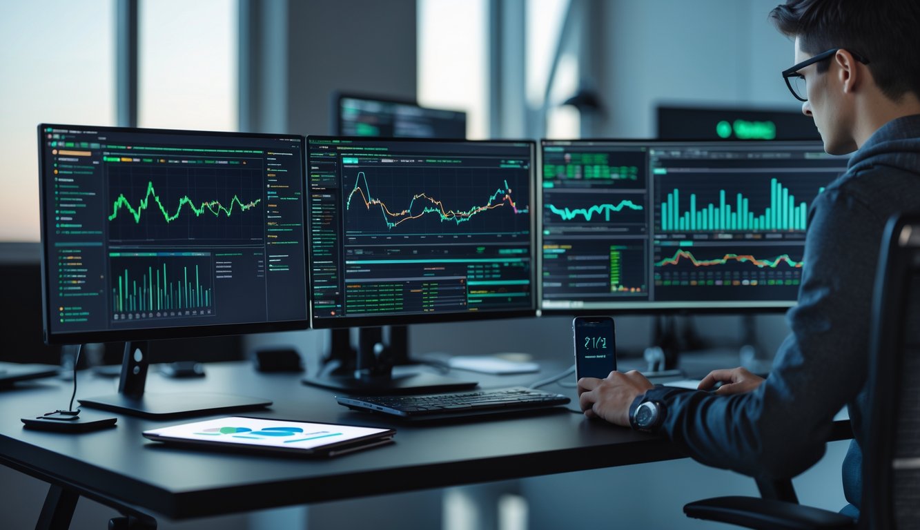 Seorang profesional sedang menganalisis data RTP online di ruang kerja modern dengan beberapa layar komputer menampilkan grafik dan data langsung.