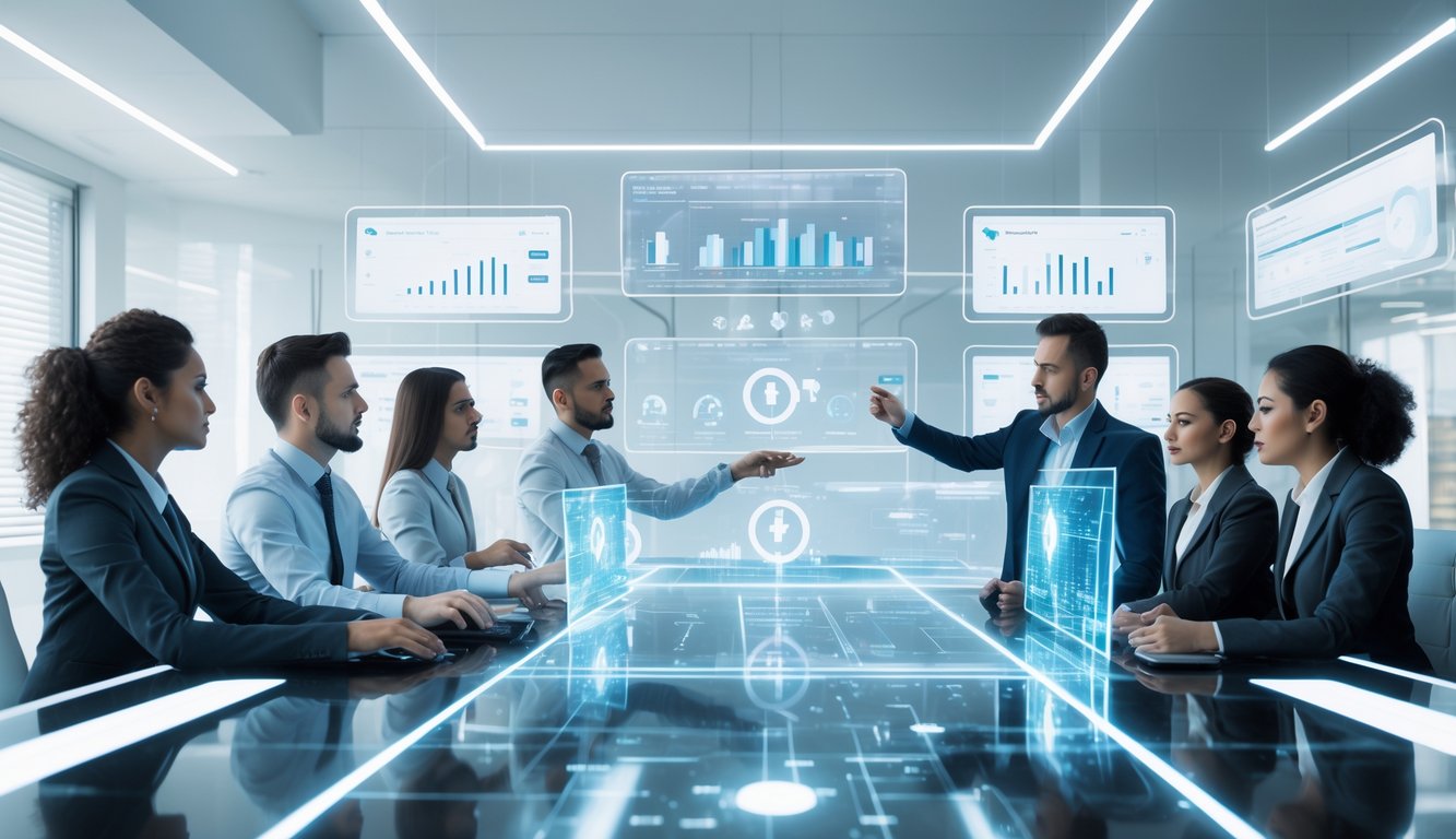 Orang-orang profesional sedang bekerja dengan layar digital transparan yang menampilkan data dan grafik dalam ruangan kantor teknologi modern.