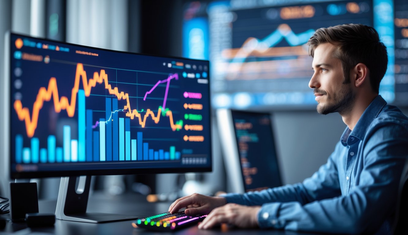 Seseorang sedang menganalisis grafik data RTP di depan layar komputer di ruang kerja modern.