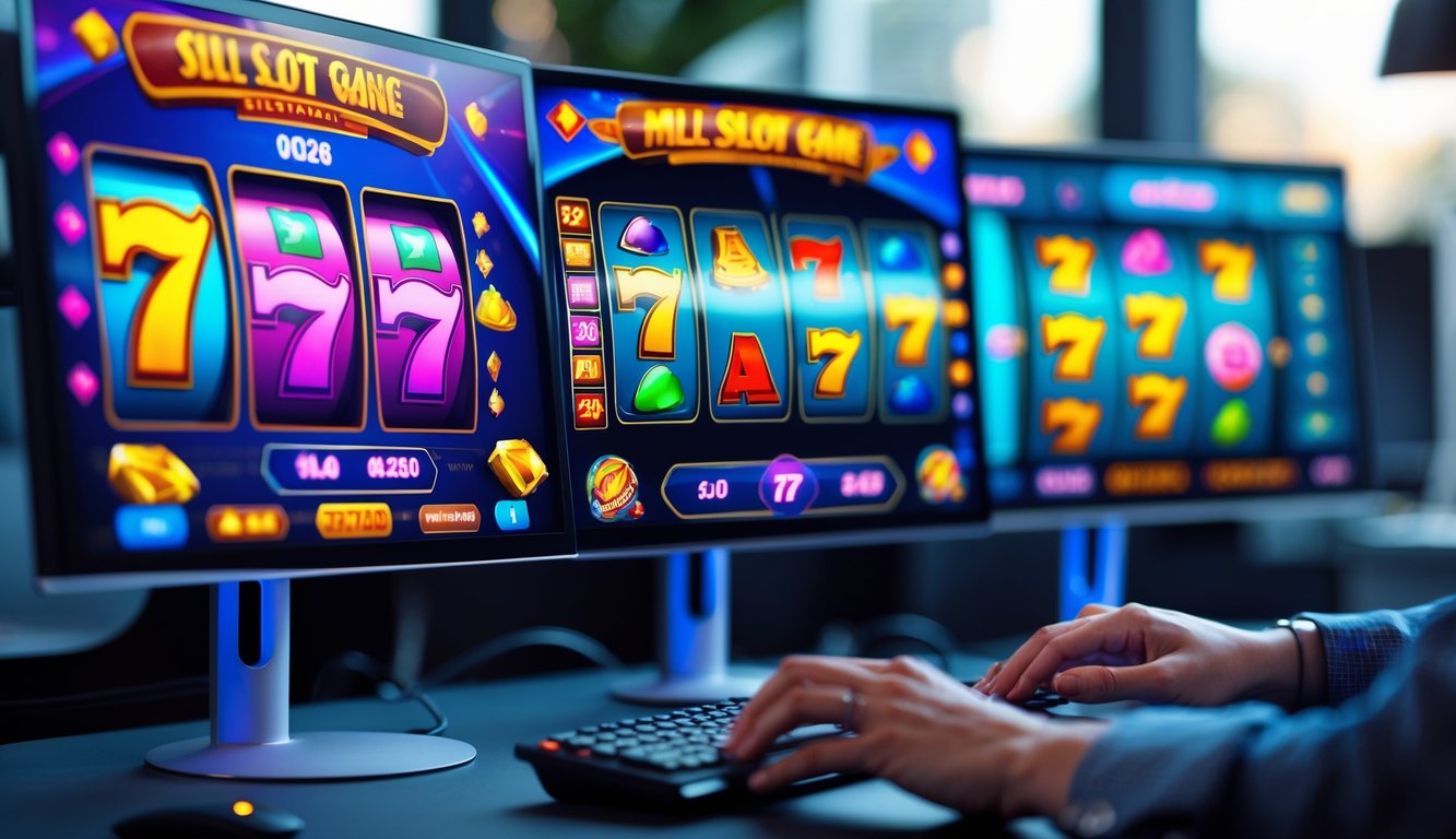 Seorang pemain menggunakan komputer dengan layar menampilkan permainan slot online yang berwarna-warni dan menarik.