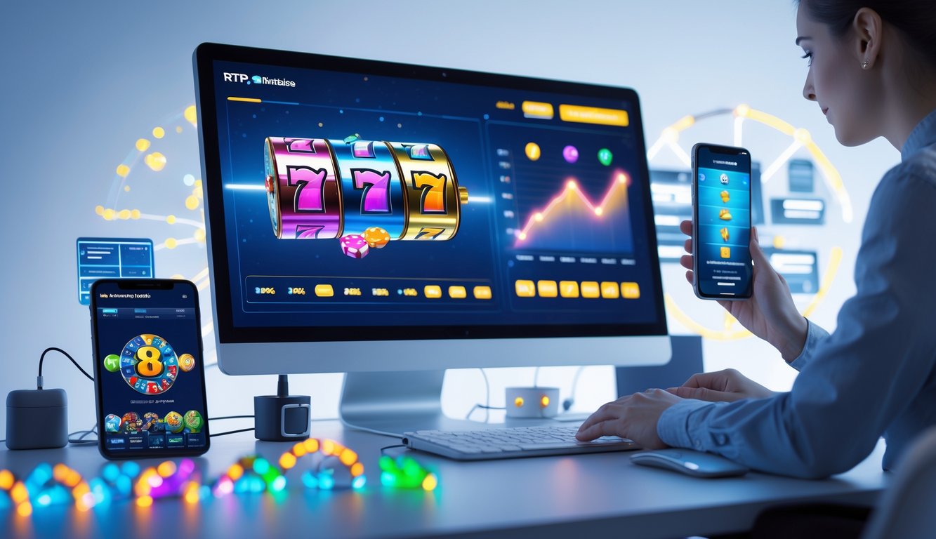 Sebuah meja kerja digital dengan komputer dan ponsel menampilkan grafik permainan slot dan statistik RTP, dengan tangan yang berinteraksi dengan perangkat tersebut.