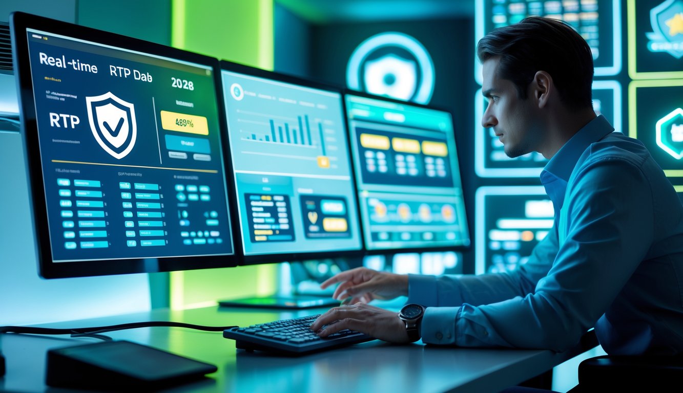 Seorang profesional sedang menggunakan komputer dengan layar digital menampilkan data RTP secara real time dalam lingkungan kerja modern yang aman dan terorganisir.