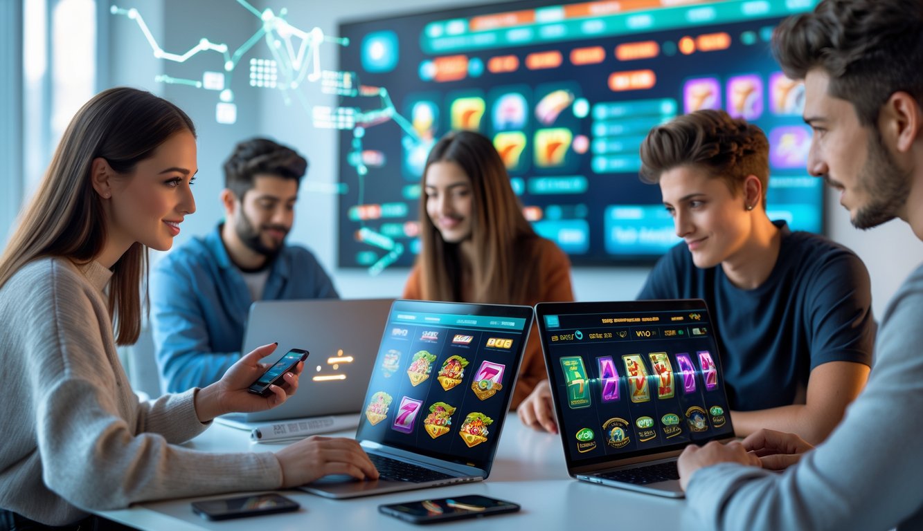 Sekelompok orang muda menggunakan perangkat digital dengan tampilan permainan slot online yang berwarna-warni di layar mereka.