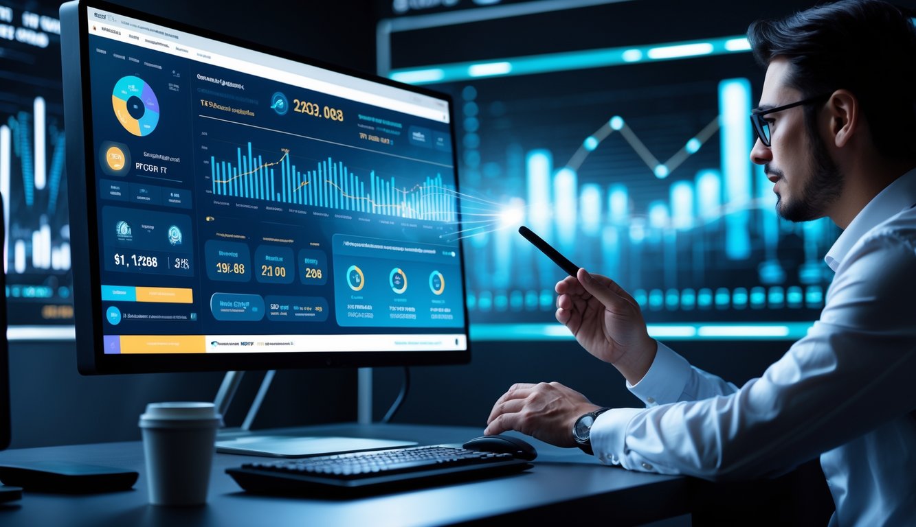 Seorang profesional sedang bekerja di depan komputer dengan tampilan grafik dan data terkait pembaruan situs RTP online untuk pemain slot tahun 2026.