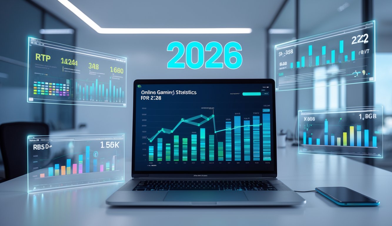 Seorang profesional bekerja di depan laptop dengan layar menampilkan grafik dan data statistik di ruang kantor modern.