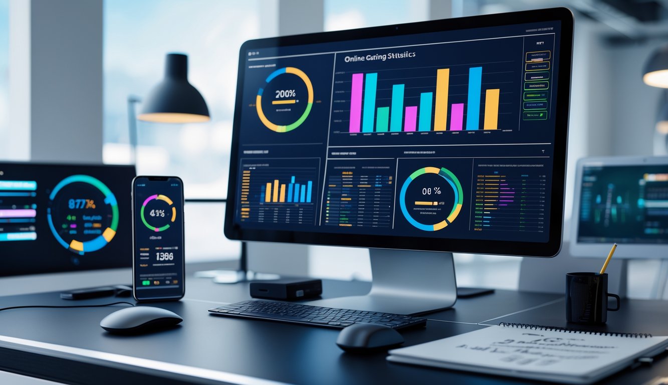 Seorang profesional bekerja di depan komputer dengan grafik statistik RTP online tahun 2026 di layar, di ruang kantor modern yang terang dan rapi.